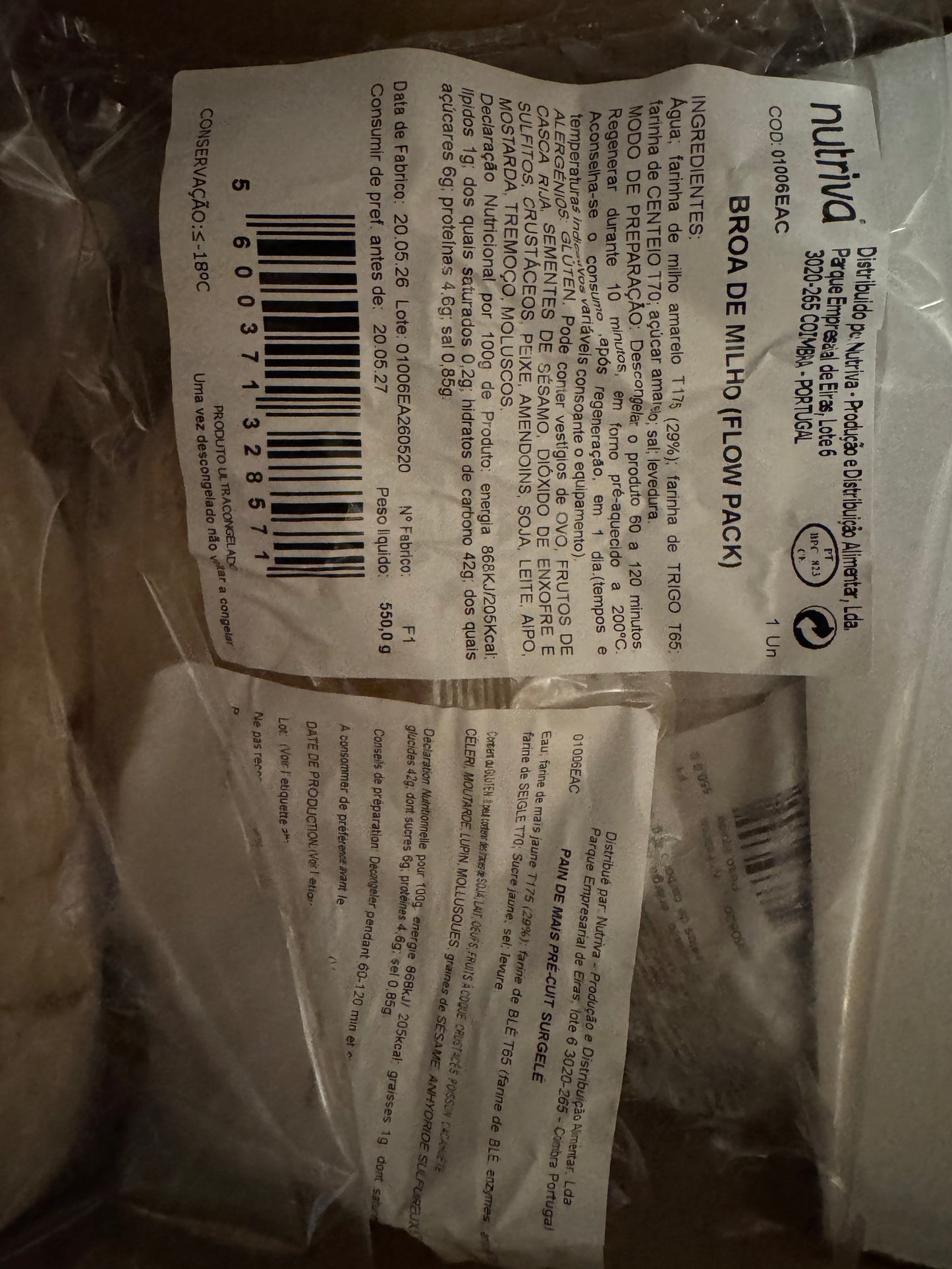 Broa Milho Amarelo 550g congelada